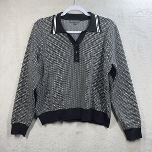 Adrianna Papell Women's L Tipped Y-Polo Contrast Long Sleeve Sweater Preppy